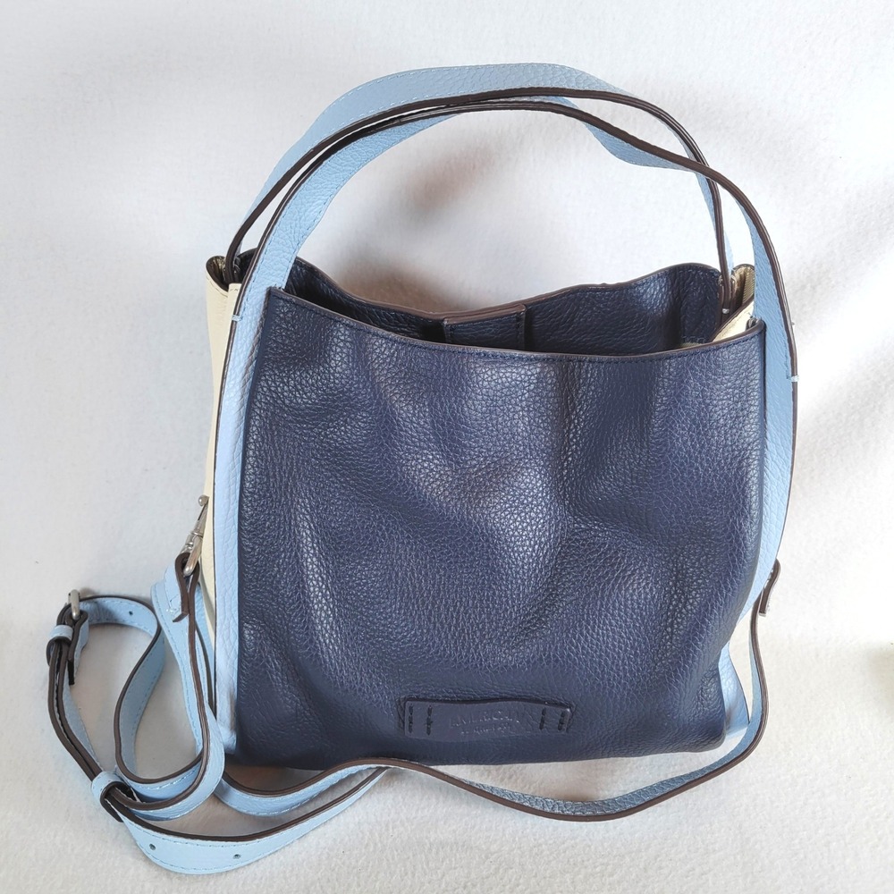 American Leather Co Womens Triple Entry Satchel Leather Bag Blue Colorblock